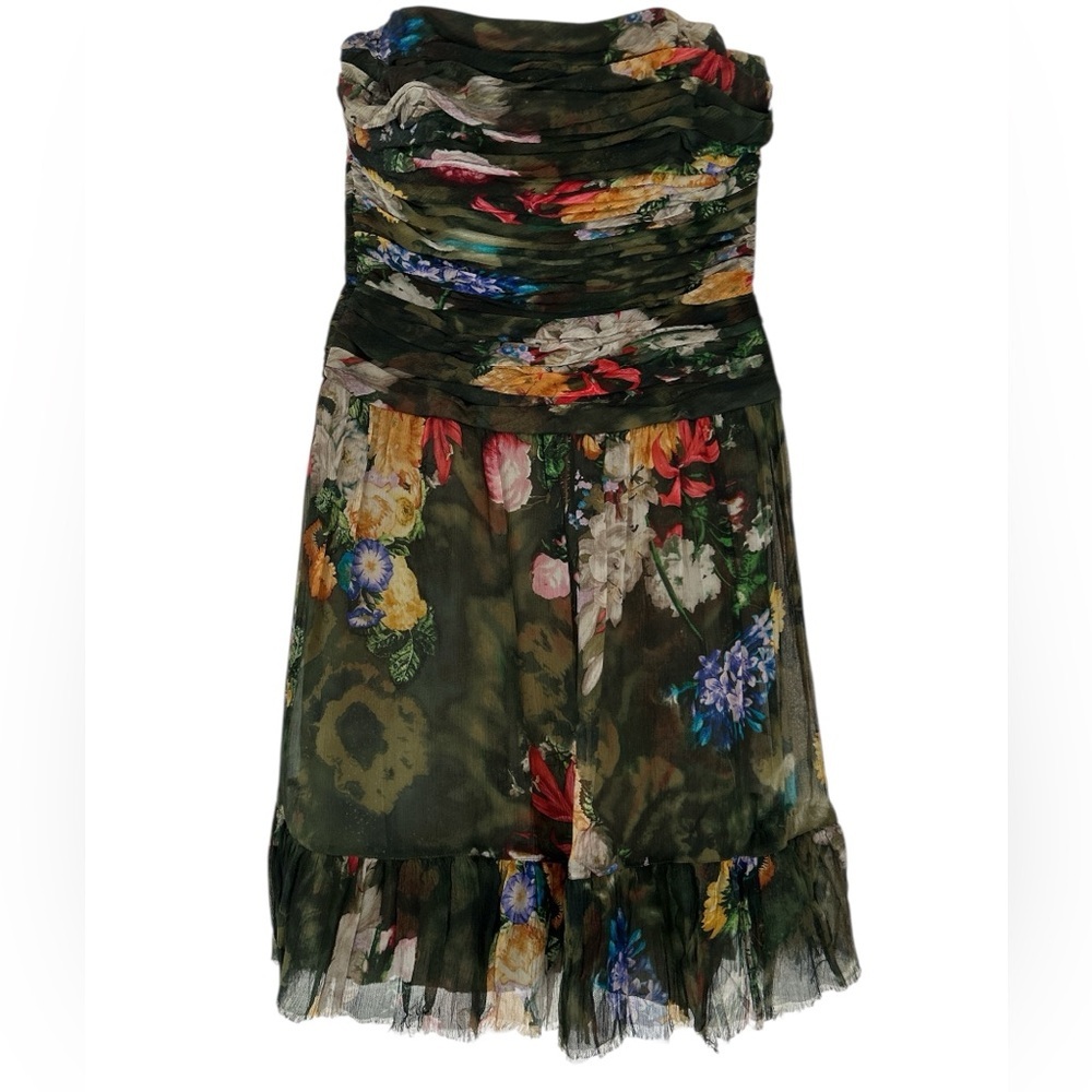 Rickie Freeman for Teri Jon Silk Floral Strapless Ruched Gauzy Garden Dress - 8